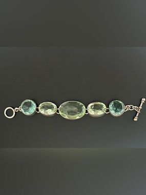 Two Tone Green Faceted Gemstone Bracelet - Women's Silver Link Style